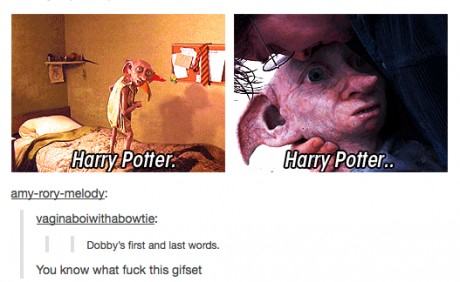 tumblr - ear - Harry Potter. Harry Potter.. amyrorymelody vaginaboiwithabowtie Dobby's first and last words. You know what fuck this gifset