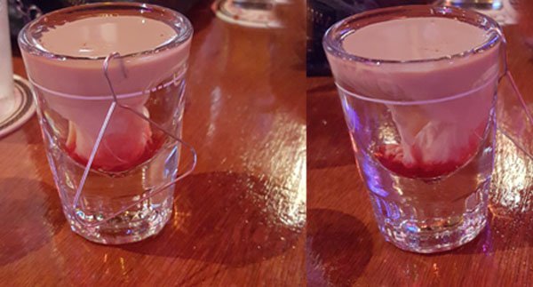 THE ABORTION
¾ oz. Peach Schnapps (In shot glass)
¼ oz. Bailey’s Irish Crème (drizzled on top)
Dash of grenadine