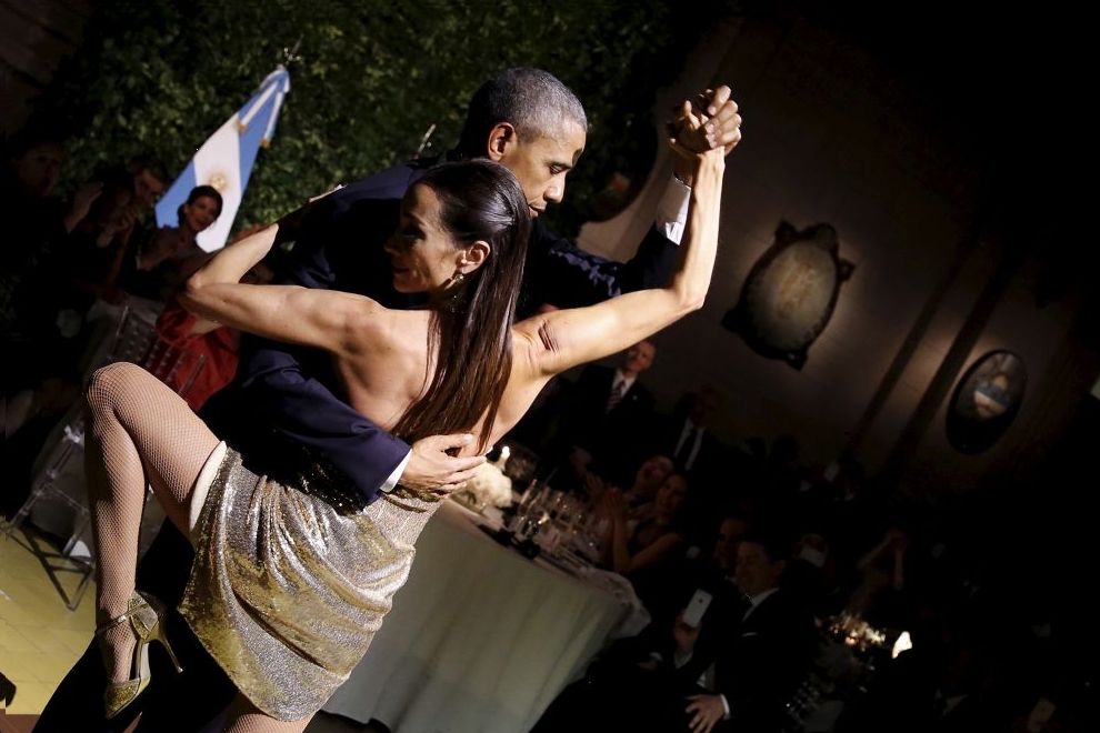 U.S. President Barack Obama dances tango during a state dinner hosted by Argentina's President Mauricio Macri at the Centro Cultural Kirchner in Buenos Aires