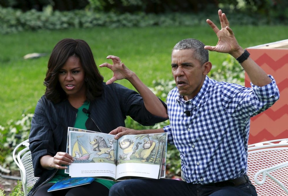 President Barack Obama and first lady Michelle Obama perform a reading of the children's book "Where the Wild Things Are"