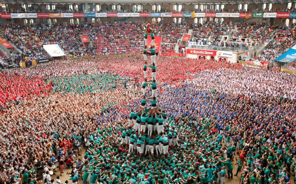 Castellers de Vilafranca form a human tower called "castell" during a biannual competition in Tarragona city