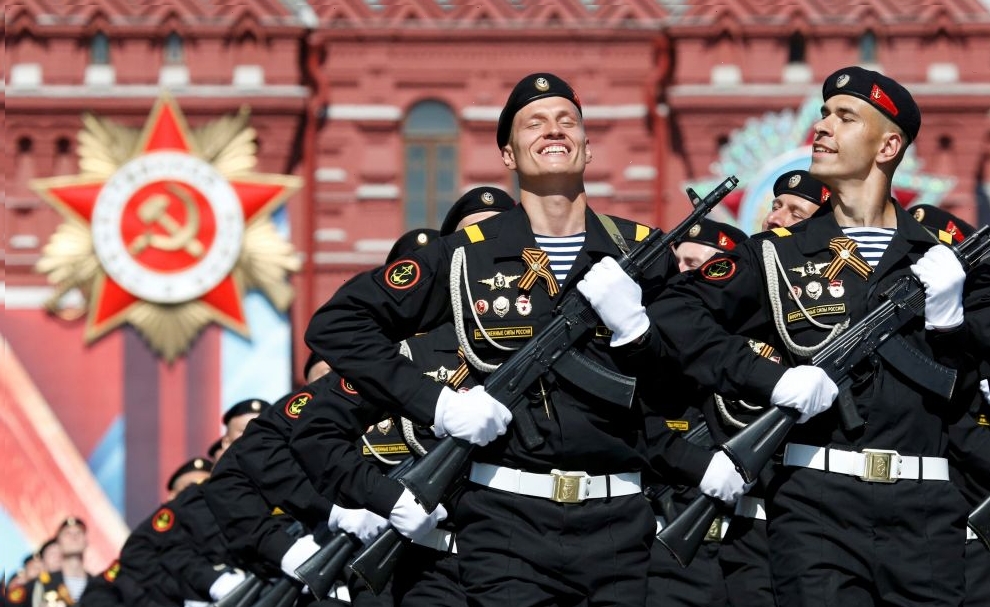 Russian servicemen march during Victory Day parade to mark end of World War Two at Red Square in Moscow