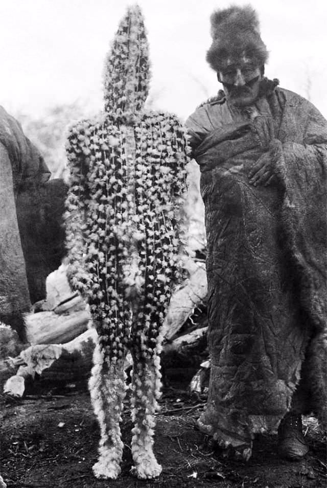 A native member of the Selk'nam, also known as the Onawo or Ona people, decorated for a Hain Ceremony on the Tierra del Fuego Islands off the Southern tip of South American in 1923. This tribe was one of the last in the America's to be exposed to colonists and settlers (outside of a few still yet to be integrated in the Amazon Rain Forest). The people once numbered near 4,000, but once they encountered European settlers in the late 1800s, they experienced diseases, forced relocations, and forms of genocide. By 1930 around 100 were left, and the last known full blooded Selk'nam died in 1974. Chile in particular moved them right into concentration camps in the early 1900s, killing hundreds. Cattle breeders, farmers and gold-prospectors from Argentina, Chile, the UK and the USA had entered the region, and got many of the native leaders drunk, literally. They then took over the tribes, deported and exterminated them, with bounties paid to the most ruthless hunters, including women and children. A people that had been in that same region for thousands of years now no longer exists. Many really cool photos of tribesmen in full ceremonial body paint exist, however they were usually nude, but I recommend you look them up.