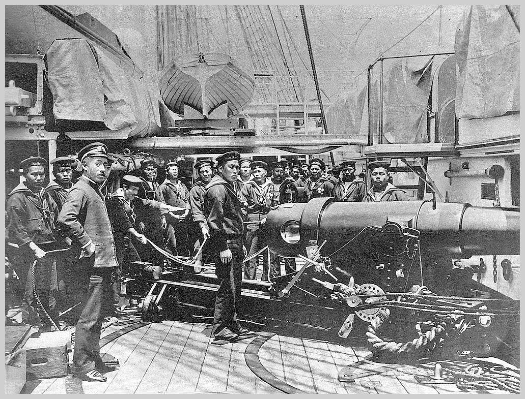 Japanese sailors on a battleship during the Russo-Japanese War in 1904. The war was quick, lasting a year and a half. The Japanese defeated the Russians, destroying their Pacific fleet, and gaining territory. The Japanese Navy in particular performed very well and used strong tactics to destroy the Russian fleet. The Japanese victory gave them confidence after defeating a world power, and many consider this the key victory that ignited Japanese expansionism and aggression. Their land tactics of hard full frontal assaults worked, despite many casualties, and were used to great success later in WWII especially in China, when the would win battles despite being outnumbered sometimes 6 to 1. Many European powers watched this war closely, even sending advisors, as to see modern tactics and weapons used in large scale battles for one of the first times in the 20th century.