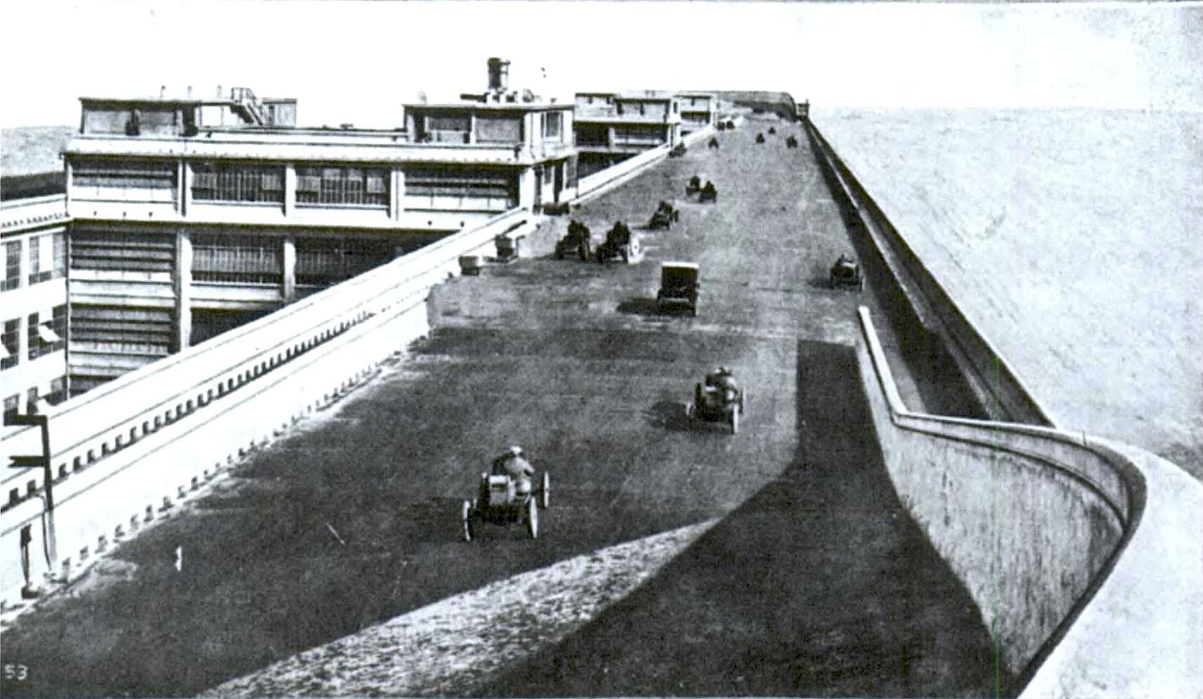 The roof of the Lingotto Building which housed the Fiat Automotive Company in Turin, Italy in 1924. Opened the year before, the factory was unique as they would test the cars right on the roof. All sorts of tests were possible and it was in use to some capacity until the 1970s, and then the building shut down completely in 1982.