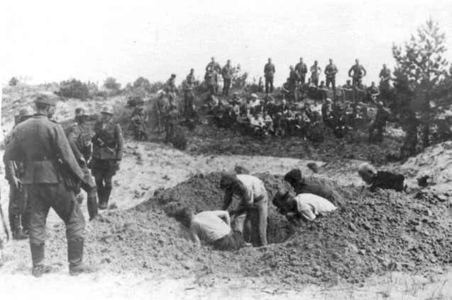 Jewish men dig their own graves in occupied territory in Belarus in 1941. You can see the other Jews sitting waiting for the hole to be finished and for them all to be executed. Rather than deport them or use them for work camps, and with only around a few hundred to manage as well as how eager to kill as many as they could, the SS organized details to round up Jews in newly occupied towns and cities, have the Jews themselves dig graves, and then execute them. In bigger areas with more Jews, they did round them up and put them in camps. But for smaller numbers and early in the War, this proved quick and easy, but had long lasting effects which I touch on in the next picture.