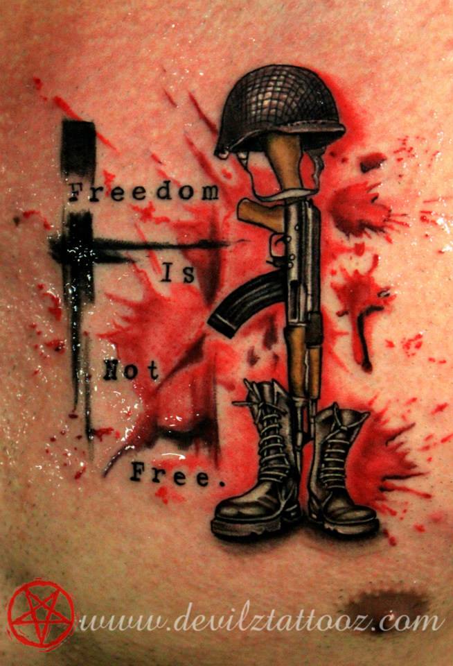 A memorial custom tattoo on an Indian Army guy honouring the soldiers who lost their lives to protect our Freedom, deep condolences and respect. Artist: Alex