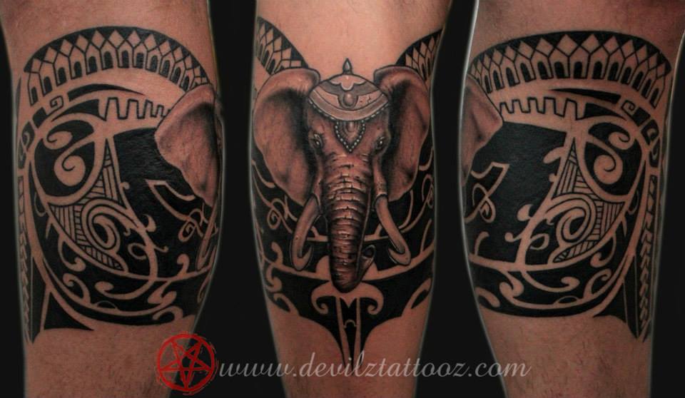 Customized Polynesian Tribal fused with Elephant on a client from Israel to remind him of his Indian trip Artist: Alex
