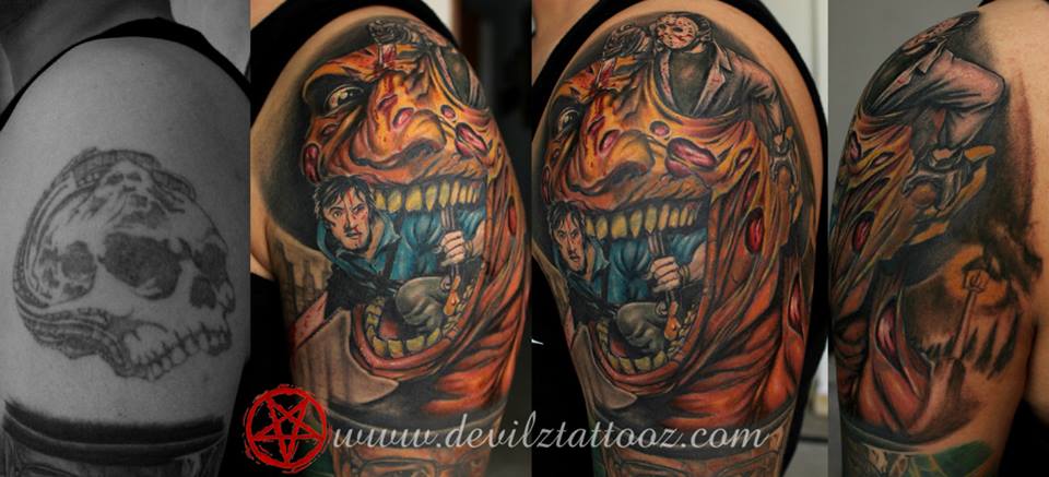 Freddy, Jason and Ash. Cover up tattoo Artist: Alex Done using