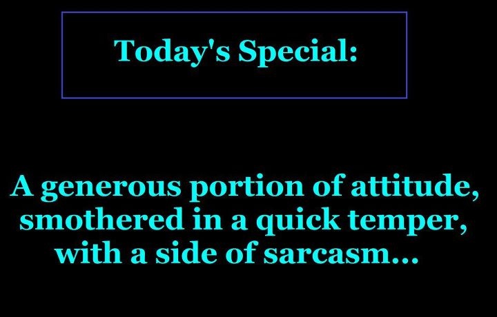 point - Today's Special A generous portion of attitude, smothered in a quick temper, with a side of sarcasm...