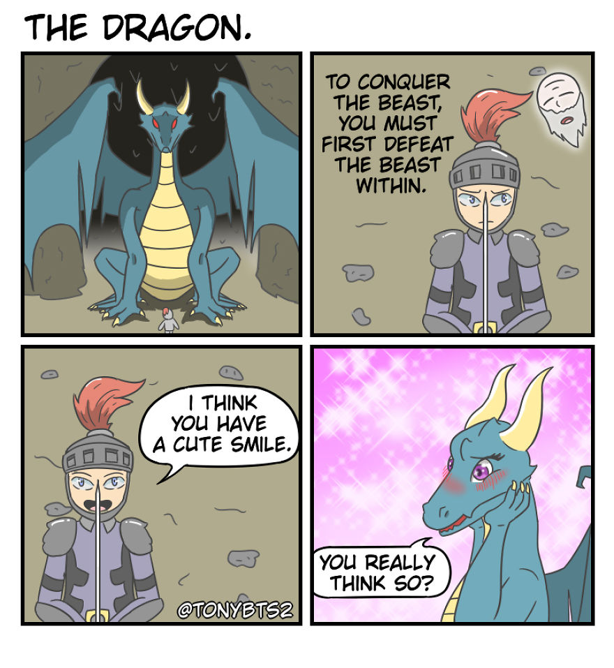 comics with a dark twist - The Dragon. To Conquer The Beast, You Must First Defeat The Beast Within. I Think You Have A Cute Smile. You Really Think So?