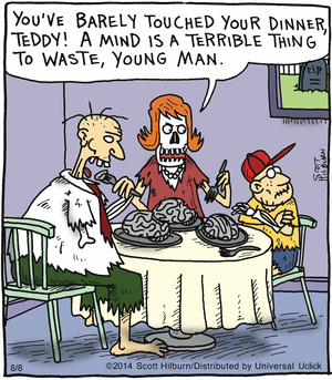 funny halloween cartoons - You'Ve Barely Touched Your Dinner Teddy! A Mind Is A Terrible Thing To Waste, Young Man. Pose 2014 Scott Hilburn Distributed by Universal Uclick