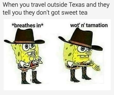 wot in tarnation spongebob - When you travel outside Texas and they tell you they don't got sweet tea breathes in wot'n' tarnation