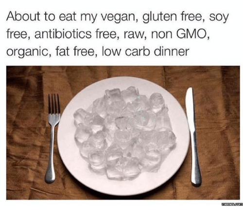 vegan gluten free meme - About to eat my vegan, gluten free, soy free, antibiotics free, raw, non Gmo, organic, fat free, low carb dinner