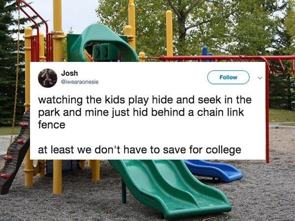 boy killed on playground - Joshaonesie Qiwearaonesie watching the kids play hide and seek in the park and mine just hid behind a chain link fence at least we don't have to save for college