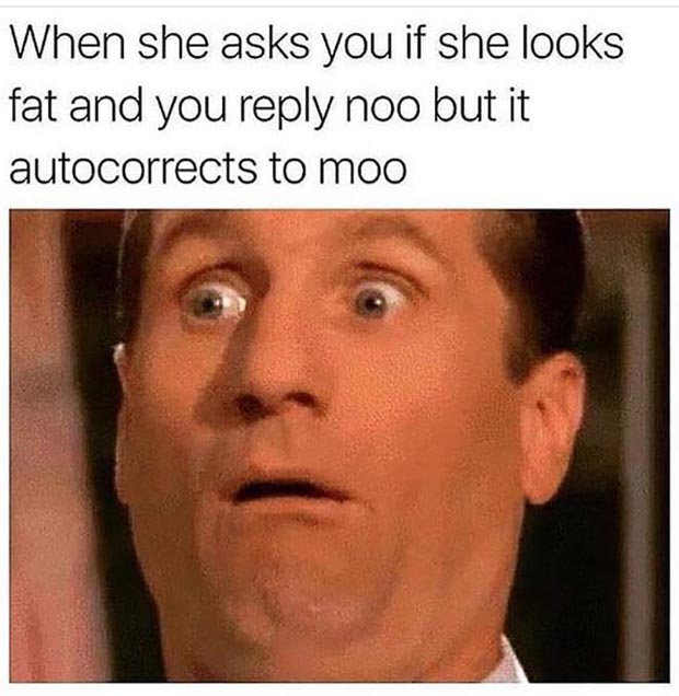 funny memes - When she asks you if she looks fat and you noo but it autocorrects to moo