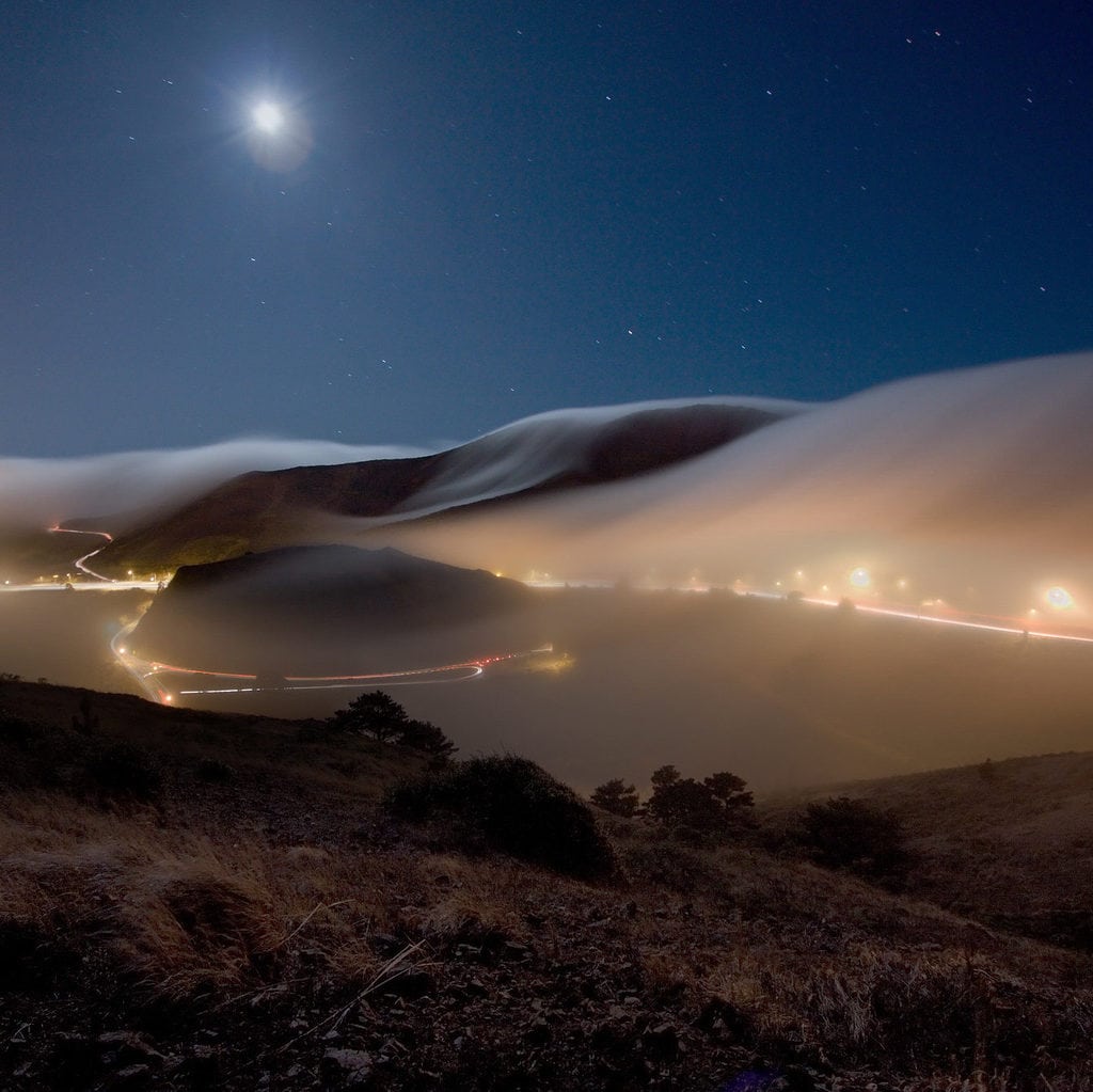 Sausalito, California, where the effect of the nighttime haze and the rolling mists over the hills create this eerie effect across the landscape.