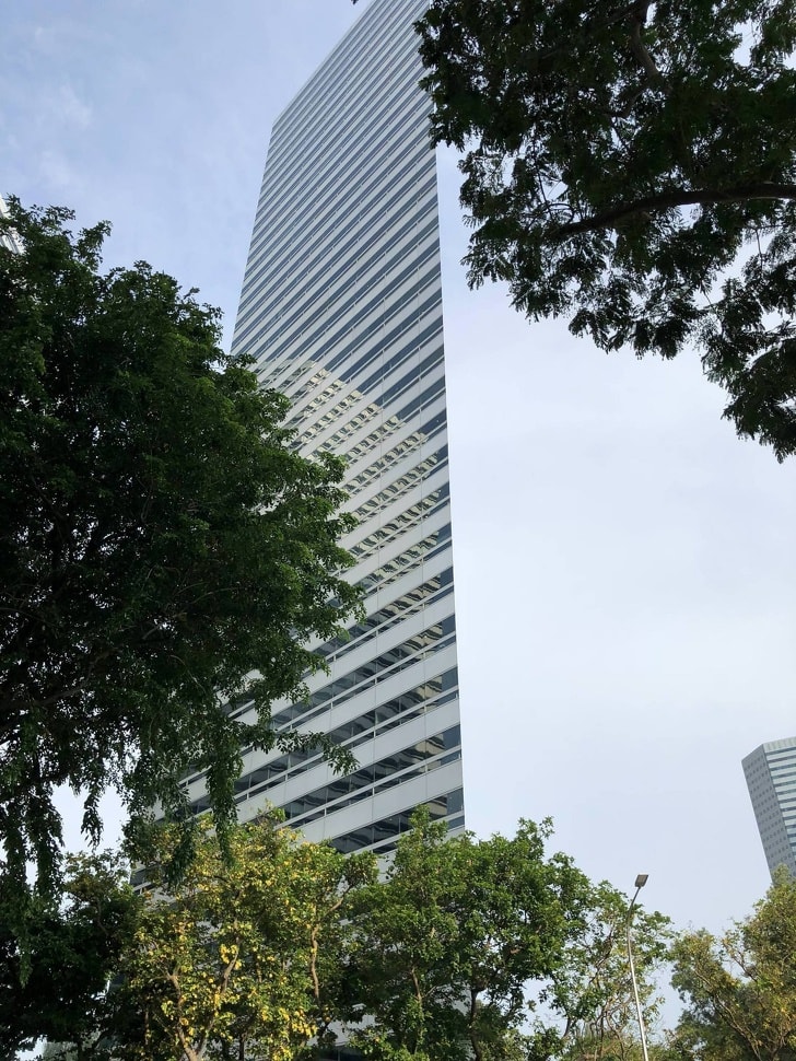 An illusion: this building in Singapore, called The Gateway and designed by renowned architect I. M. Pei, is in the shape of a triangle. The mind-boggling effect of the building being flat occurs when you take a picture of the structure from a specific angle.