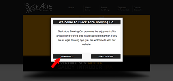 When you enter the official website for "Black Acre Brewing", a pop-up will appear on your screen asking you if you are of the legal drinking age. If you select the "I am Under 21" button, you will be greeted with... a surprise.