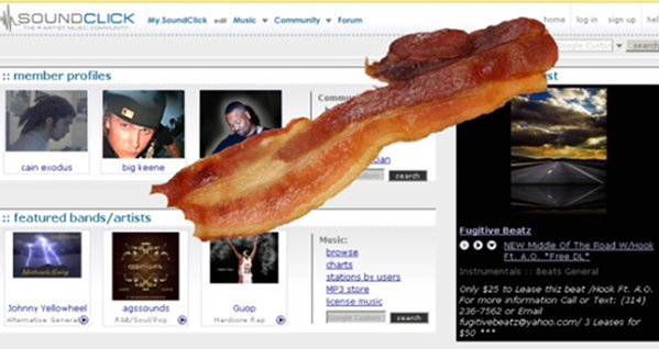 While still on the topic of the Konami code, entering that same code on Soundclick.com will cause a delicious slice of bacon to fill your screen, which you can gobble up by repeatedly hitting the "Enter" button.