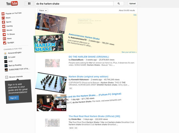 On YouTube, type "do the harlem shake" into the search bar and hit enter. The webpage will do the Harlem Shake like its 2013 all over again.