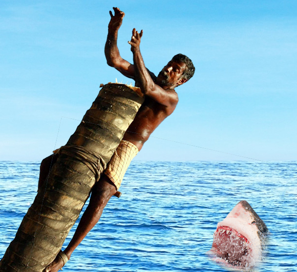 Falling off of tree into the water to get eaten by Jaws