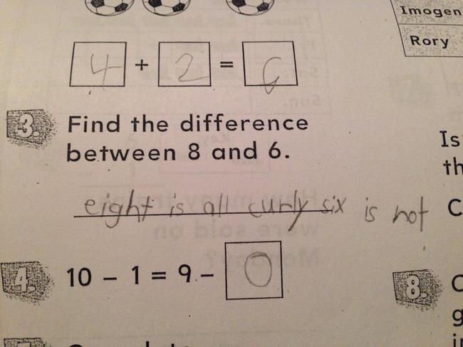 funny kids homework answers - Imogen Rory Find the difference between 8 and 6. eight is all curly six is not a 4 1019ol