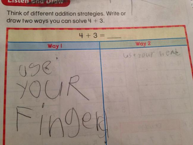 funny kids work - Lislen Cha Up Think of different addition strategies. Write or draw two ways you can solve 4 3. 4 3 Way! Way 2 use your hene 098 Your Finger