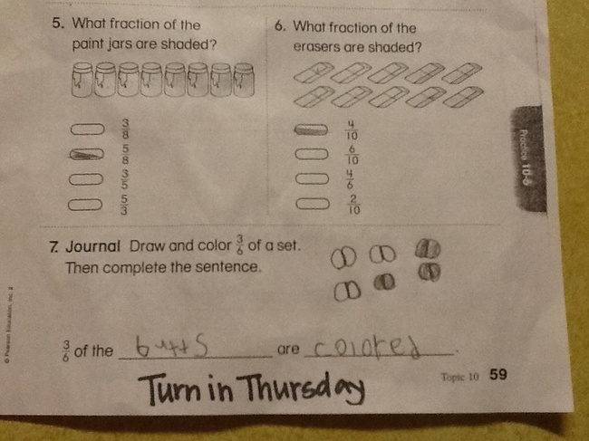 funny kids homework reddit - 5. What fraction of the paint jars are shaded? 6. What fraction of the erasers are shaded? all off ala al Proctice 108 O 7. Journal Draw and color of a set. Then complete the sentence. mo 3 of the butts are colored Turn in Thu