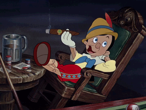 Pinocchio drinking beer and smoking cigars when he’s just a young boy.