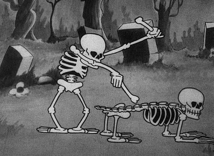 The skeletons using their bones as instruments in The Skeleton Dance.