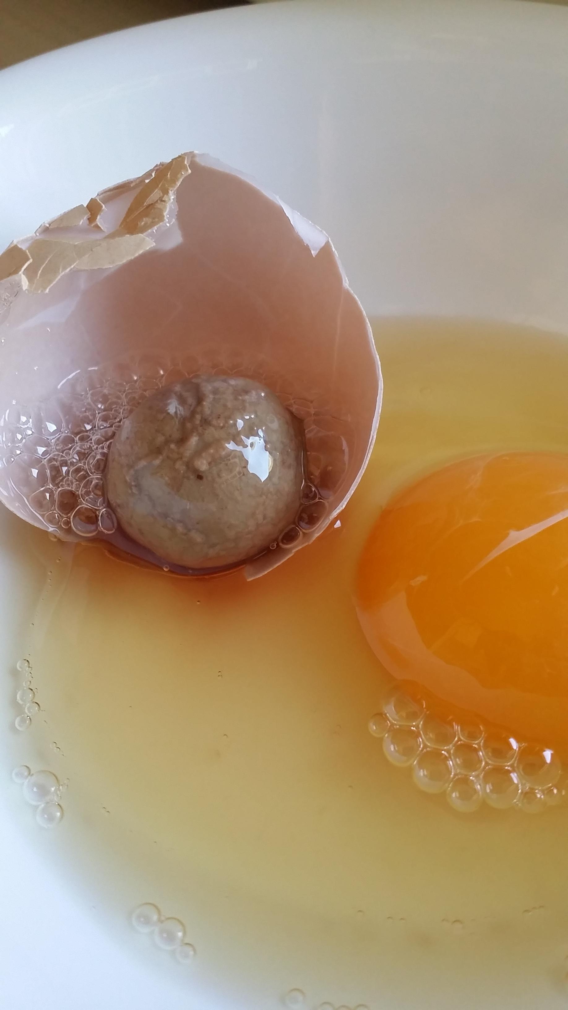 Cracked it open. Got a normal yolk plus this brown-grey blob.