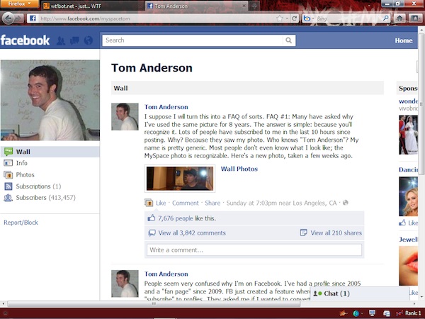 Your first friend, Tom
When you joined, you automatically started with one friend, Tom. You immediately knew that Tom was the creator of MySpace. Little did you know, that profile picture wouldn’t change for years and that creepy look lived on. Ironically, he even made the switch to Facebook, but made a shit ton of cash along the way.
