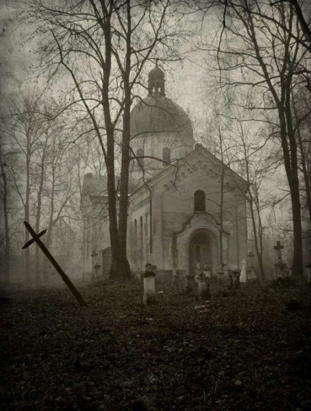 creepy abandoned church graveyard