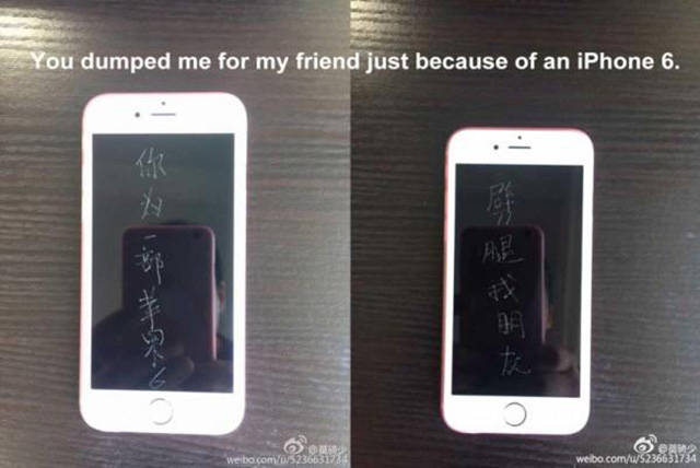 The man allegedly scratched messages into the face of the iPhone 6s using 9 phones altogether to show how wealthy he had become since he was dumped by his shallow ex-girlfriend