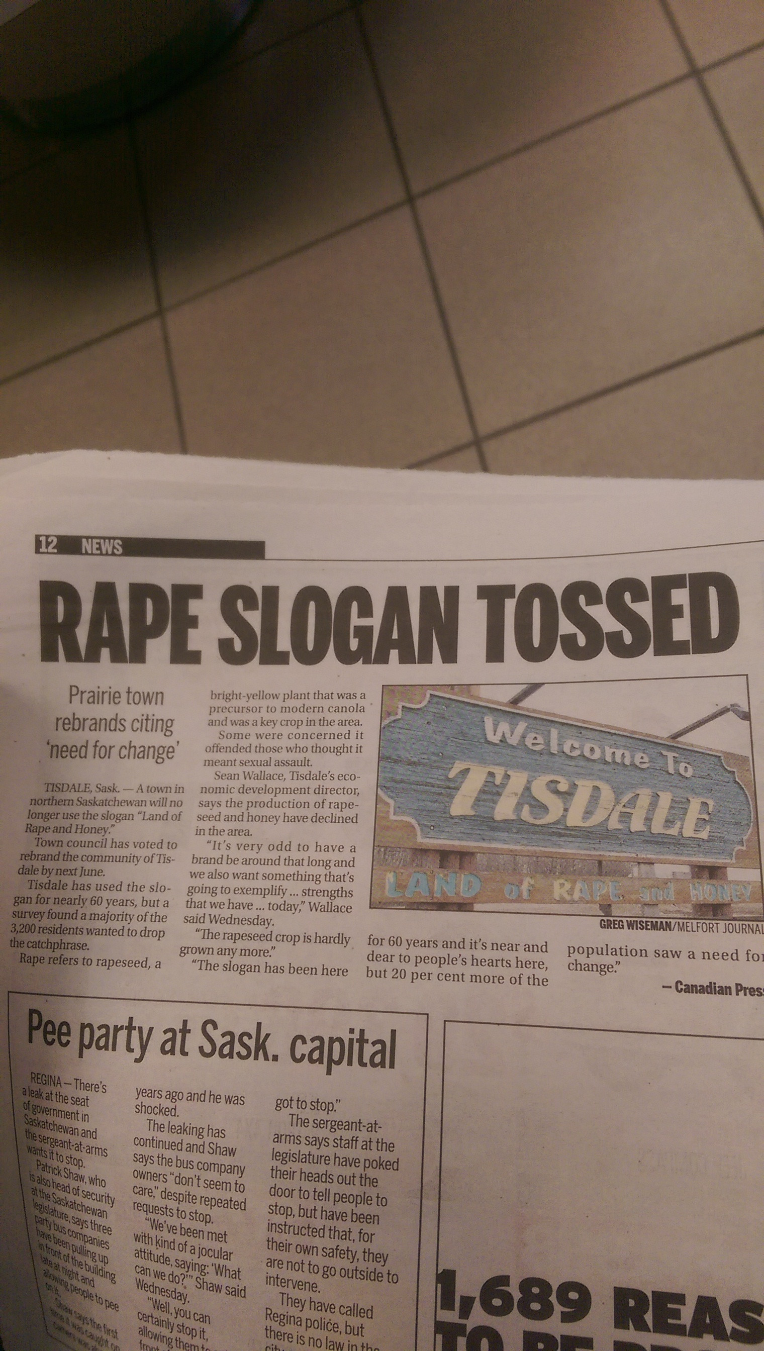 newspaper - Le Rape Slogan Tossed mbrandt Te for change Welcome to Twisdale ned Pee party at Sask. capital 1,689 Reas