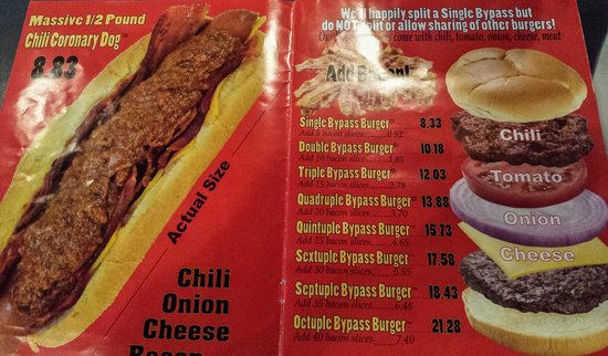 The menu includes "Single", "Double", "Triple", "Quadruple", "Quintiple", "Sextuple", "Septuple", and "Octuple" Bypass" hamburgers