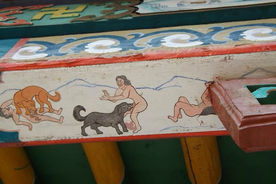 Depictions of hell painted on a Mongolian Temple