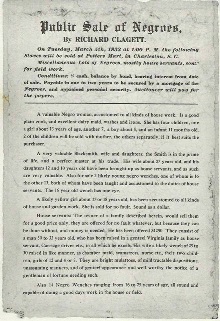 Copy of original bill of sale for slaves, in Charleston, South Carolina 1833