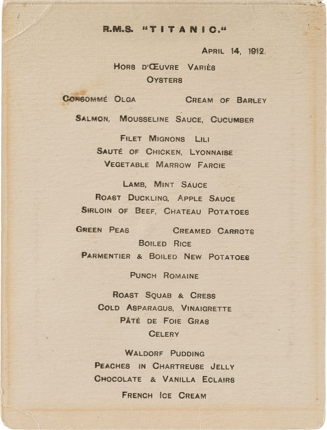 Dinner menu from the R.M.S. Titanic from 14 April 1912, the night before it famously struck the fatal iceberg