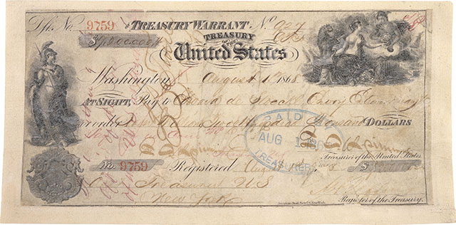 The actual check, for $7.2 million, issued by the United States to Russia for the purchase of the territory of Alaska, August 1868.