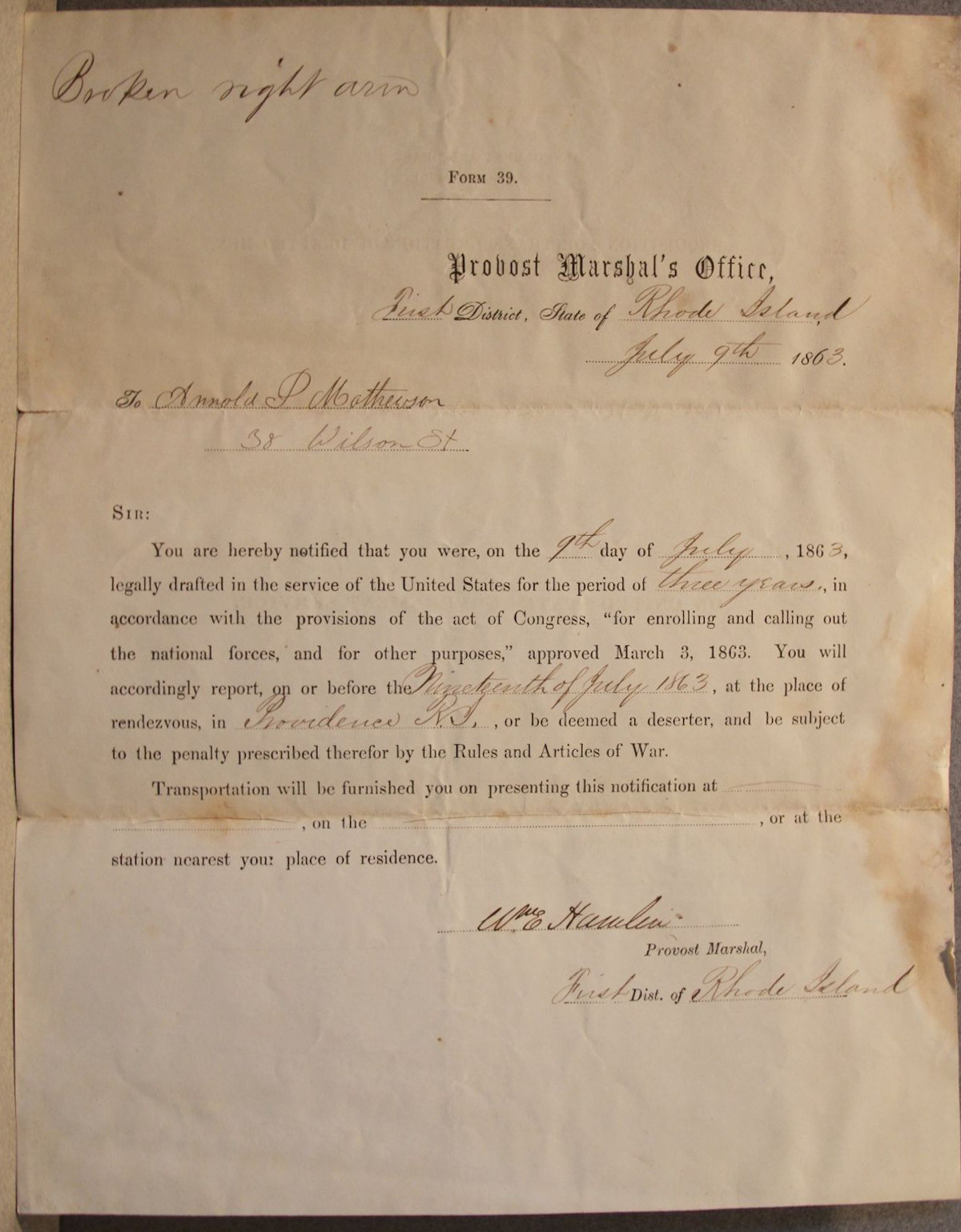 Civil War Draft Letter, Providence, RI, 1863