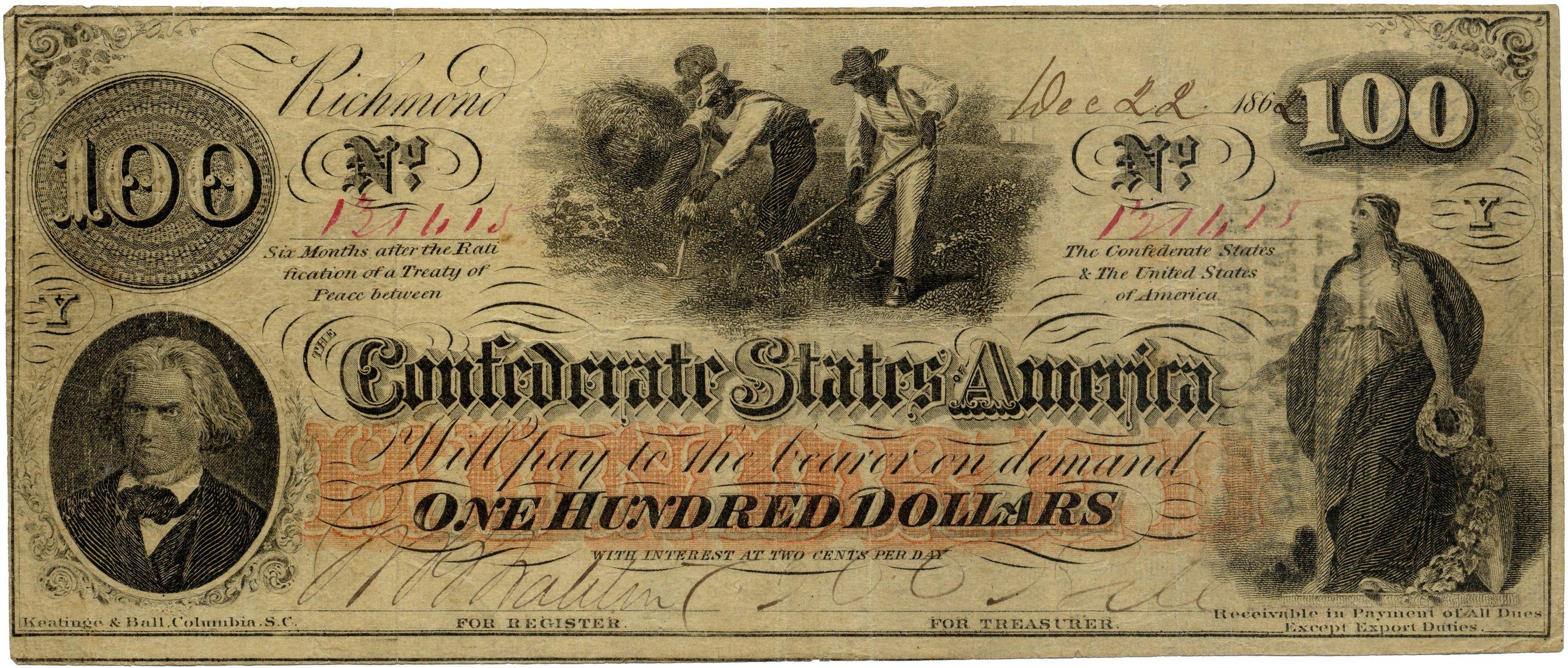 A One Hundred Dollar Confederate States of America banknote, Issued during the American Civil War, December 22, 1862