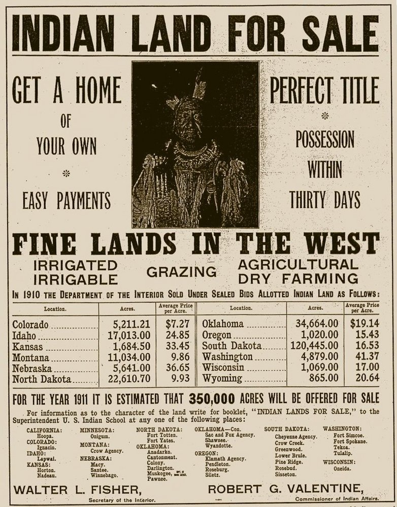 United States Department of the Interior advertisement offering ‘Indian Land for Sale’, 1911