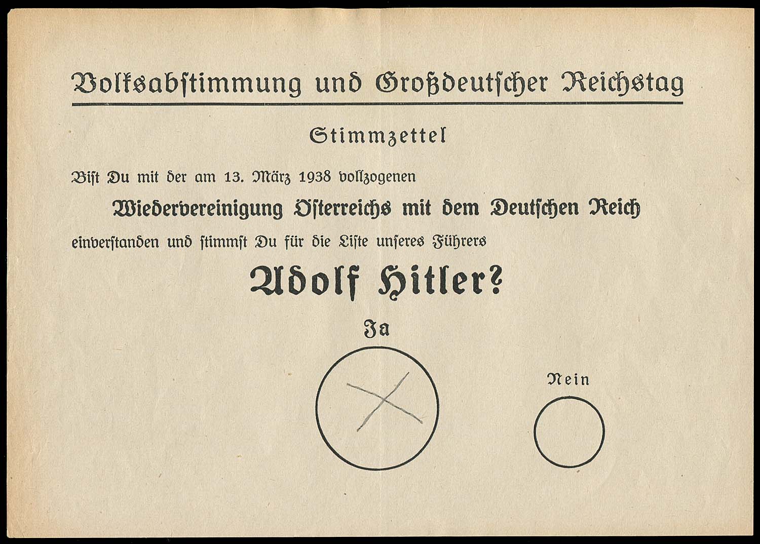 German election ballot, 1938: “Do you approve of the reunification of Austria with the German reich accomplished on 13 March 1938 and do you vote for the list of our Führer, Adolf Hitler?”