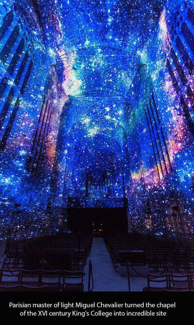 galaxy projection - Parisian master of light Miguel Chevalier turned the chapel of the Xvi century King's College into incredible site