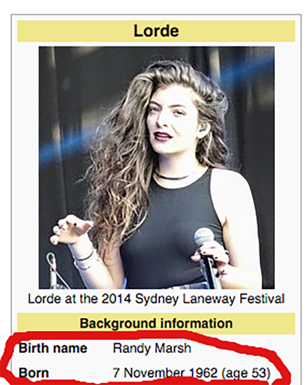 lorde wikipedia page - Lorde Lorde at the 2014 Sydney Laneway Festival Background information Birth name Randy Marsh Born age 53