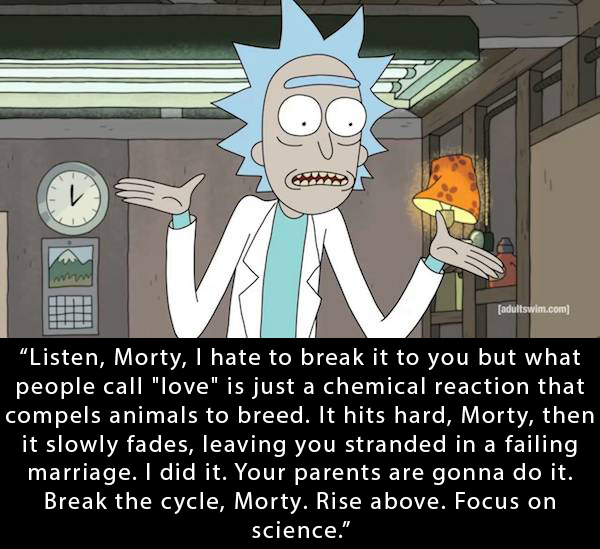 adultswim.com "Listen, Morty, I hate to break it to you but what people call "love" is just a chemical reaction that compels animals to breed. It hits hard, Morty, then it slowly fades, leaving you stranded in a failing marriage. I did it. Your parents ar