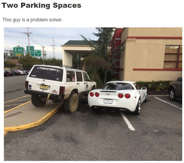 jeep corvette parking - Two Parking Spaces This guy is a problem solver.