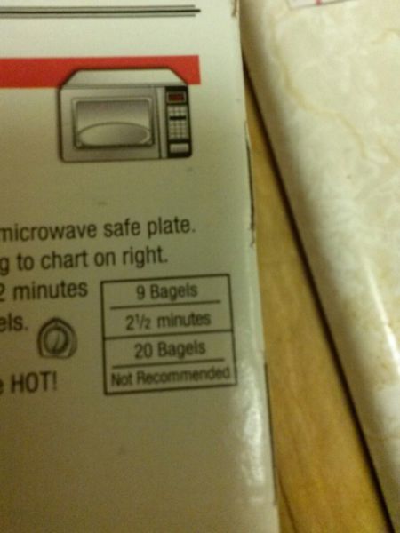 electronics - microwave safe plate. g to chart on right. 2 minutes 9 Bagels 212 minutes 20 Bagels Hot! Not Recommended